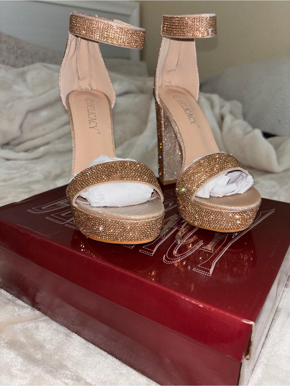 Delicacy Rosegold Crystal Platform Heels with Ankle Strap